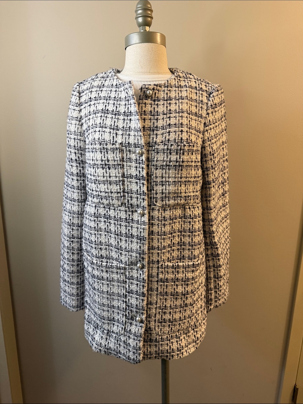 H&M Black and White Tweed Pearl-Button Blazer
